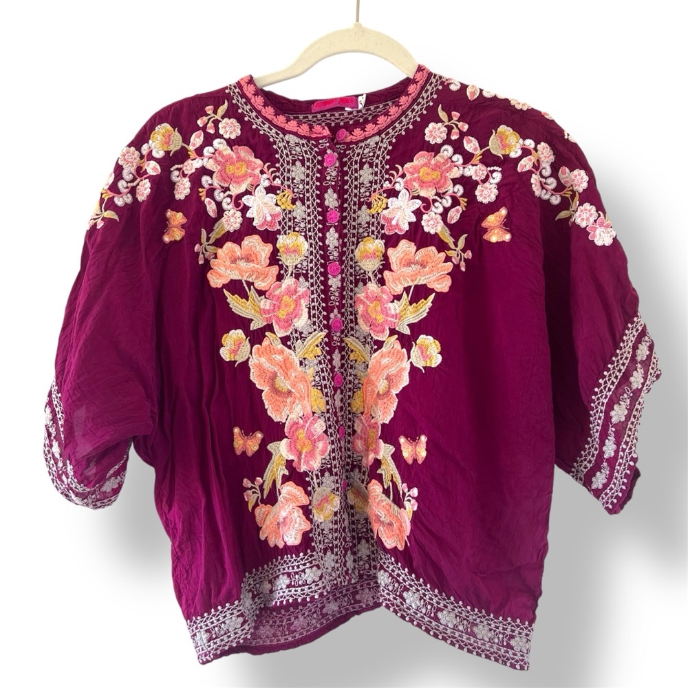 Johnny Was Oversized Embroidered Floral Boho Hippie Romantic Flowy Top Size XS